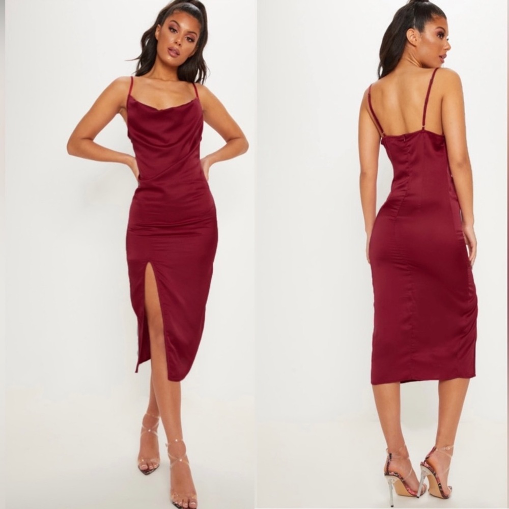 NWT Pretty Little Thing Strappy Satin Cowl Midi Dress Burgundy | Women’s Size 6